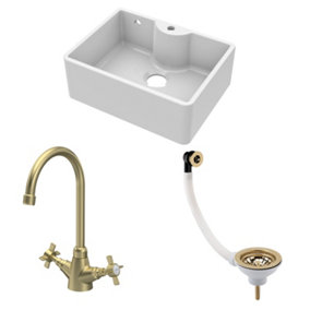 Fireclay Kitchen Bundle - Single Bowl Butler Sink with Overflow, Tap Hole, Waste & Mono Tap, 595mm - Brushed Brass - Balterley