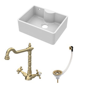 Fireclay Kitchen Bundle - Single Bowl Butler Sink with Overflow, Tap Ledge, Waste & Classic Tap, 595mm - Brushed Brass - Balterley