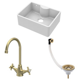 Fireclay Kitchen Bundle - Single Bowl Butler Sink with Overflow, Tap Ledge, Waste & Mono Tap, 595mm - Brushed Brass - Balterley