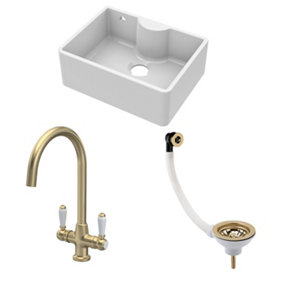 Fireclay Kitchen Bundle - Single Bowl Butler Sink with Overflow, Tap Ledge, Waste & Mono  Tap, 595mm - Brushed Brass - Balterley
