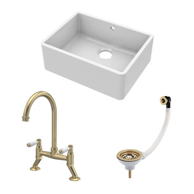 Fireclay Kitchen Bundle - Single Bowl Butler Sink with Overflow, Waste & Bridge Lever Mixer Tap, 595mm - Brushed Brass - Balterley