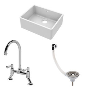 Fireclay Kitchen Bundle - Single Bowl Butler Sink with Overflow, Waste & Bridge Mixer Tap, 595mm - Chrome - Balterley
