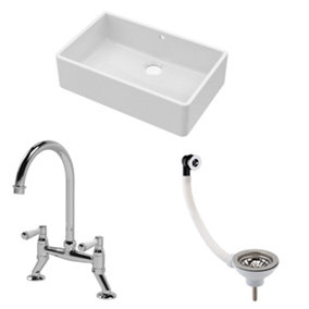 Fireclay Kitchen Bundle - Single Bowl Butler Sink with Overflow, Waste & Bridge Mixer Tap, 795mm - Chrome - Balterley