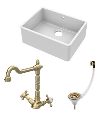 Fireclay Kitchen Bundle - Single Bowl Butler Sink with Overflow, Waste & Classic Mono Tap, 595mm - Brushed Brass - Balterley