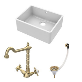Fireclay Kitchen Bundle - Single Bowl Butler Sink with Overflow, Waste & Classic Mono Tap, 595mm - Brushed Brass - Balterley