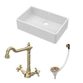 Fireclay Kitchen Bundle - Single Bowl Butler Sink with Overflow, Waste & Classic Mono Tap, 795mm - Brushed Brass - Balterley
