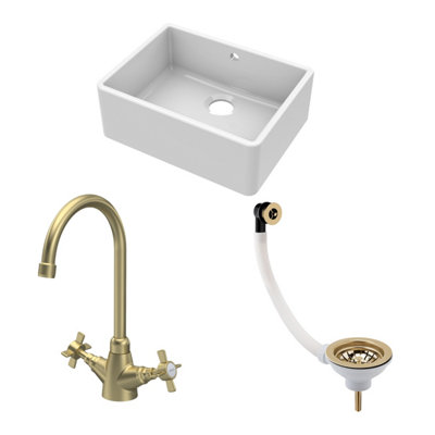 Fireclay Kitchen Bundle - Single Bowl Butler Sink with Overflow, Waste & Mono Crosshead Tap, 595mm - Brushed Brass - Balterley