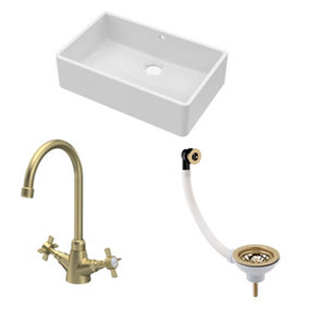 Fireclay Kitchen Bundle - Single Bowl Butler Sink with Overflow, Waste & Mono Crosshead Tap, 795mm - Brushed Brass - Balterley