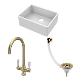 Fireclay Kitchen Bundle - Single Bowl Butler Sink with Overflow, Waste & Mono Lever Handle Tap, 595mm - Brushed Brass - Balterley