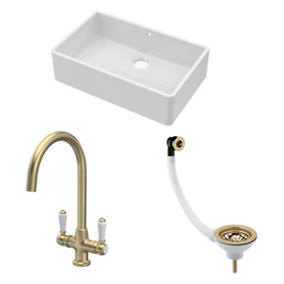 Fireclay Kitchen Bundle - Single Bowl Butler Sink with Overflow, Waste & Mono Lever Handle Tap, 595mm - Brushed Brass - Balterley