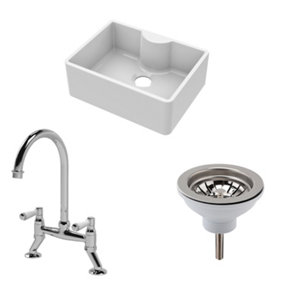 Fireclay Kitchen Bundle - Single Bowl Butler Sink with Tap Ledge, Waste & Bridge Mixer Tap, 595mm - Chrome - Balterley