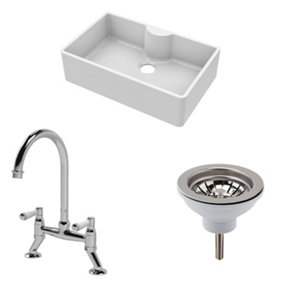 Fireclay Kitchen Bundle - Single Bowl Butler Sink with Tap Ledge, Waste & Bridge Mixer Tap, 795mm - Chrome - Balterley