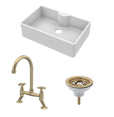 Fireclay Kitchen Bundle - Single Bowl Butler Sink with Tap Ledge, Waste & Bridge Tap, 795mm - Brushed Brass - Balterley