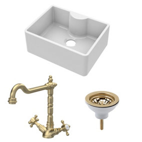 Fireclay Kitchen Bundle - Single Bowl Butler Sink with Tap Ledge, Waste & Classic Tap, 595mm - Brushed Brass - Balterley