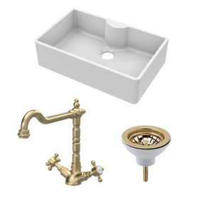 Fireclay Kitchen Bundle - Single Bowl Butler Sink with Tap Ledge, Waste & Classic Tap, 795mm - Brushed Brass - Balterley