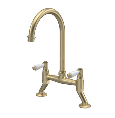 Fireclay Kitchen Bundle - Single Bowl Butler Sink with Tap Ledge, Waste & Lever Tap, 595mm - Brushed Brass - Balterley