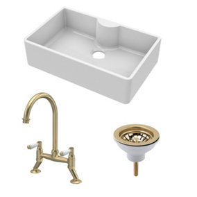 Fireclay Kitchen Bundle - Single Bowl Butler Sink with Tap Ledge,  Waste & Lever Tap, 795mm - Brushed Brass - Balterley