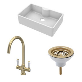 Fireclay Kitchen Bundle - Single Bowl Butler Sink with Tap Ledge, Waste & Mono Lever Tap, 795mm - Brushed Brass - Balterley