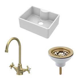 Fireclay Kitchen Bundle - Single Bowl Butler Sink with Tap Ledge, Waste & Mono Tap, 595mm - Brushed Brass - Balterley