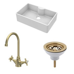 Fireclay Kitchen Bundle - Single Bowl Butler Sink with Tap Ledge, Waste & Mono Tap, 795mm - Brushed Brass - Balterley
