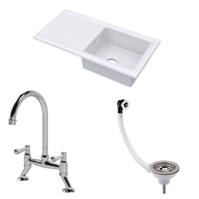 Fireclay Kitchen Bundle - Single Bowl Sink & Drainer, Waste & Bridge Lever Tap, 1010mm - Chrome