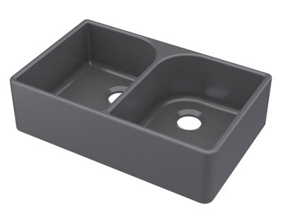 Fireclay Kitchen Double Bowl Butler Sink with Full Weir (Wastes Not Included), 795mm x 500mm - Soft Black - Balterley