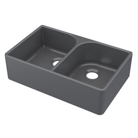 Fireclay Kitchen Double Bowl Butler Sink with Full Weir (Wastes Not Included), 795mm x 500mm - Soft Black - Balterley