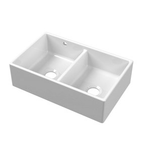 Fireclay Kitchen Double Bowl Butler Sink with Stepped Weir & 1 Overflow (Wastes Not Included), 795mm x 500mm - White - Balterley