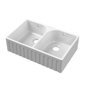 Fireclay Kitchen Double Bowl Fluted Front Butler Sink with Full Weir (Wastes Not Included), 795mm x 500mm - White - Balterley