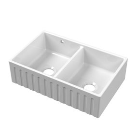 Fireclay Kitchen Double Bowl Fluted Front Butler Sink with Stepped Weir (Wastes Not Included), 795mm x 500mm - White - Balterley