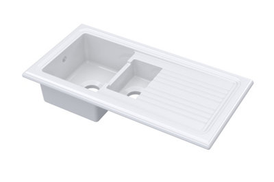 Fireclay Kitchen Drop In Sink - 1.5 Bowls & Grooved Draining Area (Wastes Sold Separately) - White - 1010mm x 525mm - Balterley