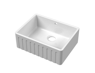 Fireclay Kitchen Single Bowl Fluted Front Butler Sink with Overflow (Waste Not Included), 595mm x 450mm - White