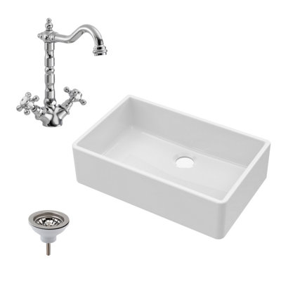 Fireclay Single Bowl Butler Kitchen Sink, French Classic Tap & Waste 795mm