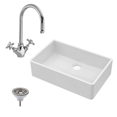 Fireclay Single Bowl Butler Kitchen Sink, Mono Sink Mixer Tap & Waste 795mm