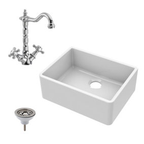 Fireclay Single Bowl Butler Sink, French Classic Tap & Waste Bundle - 595mm - Balterley