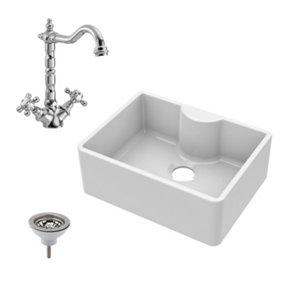 Fireclay Single Bowl Butler Sink, Tap Ledge, French Classic Tap & Waste Bundle - 595mm - Balterley