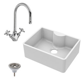 Fireclay Single Bowl Butler Sink, Tap Ledge, Mono Sink Mixer Tap  & Waste Bundle - 595mm - Balterley