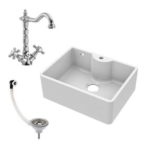 Fireclay Single Bowl Butler Sink with Overflow, 1 Tap Hole Ledge, French Classic Tap & Waste Bundle - 595mm - Balterley