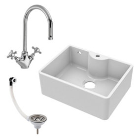 Fireclay Single Bowl Butler Sink with Overflow, 1 Tap Hole Ledge, Mono Sink Mixer & Waste Bundle - 595mm - Balterley