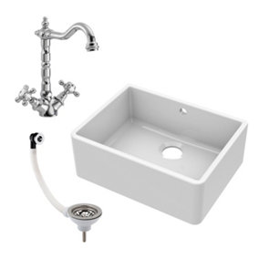 Fireclay Single Bowl Butler Sink with Overflow, French Classic Tap & Waste Bundle - 595mm - Balterley