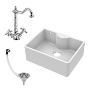 Fireclay Single Bowl Butler Sink with Overflow, Tap Ledge, French Classic Tap & Waste Bundle - 595mm - Balterley