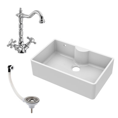 Fireclay Single Bowl Butler Sink with Overflow, Tap Ledge, French Classic Tap & Waste Bundle - 795mm - Balterley