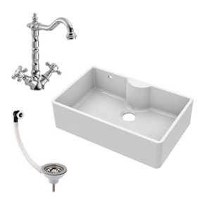 Fireclay Single Bowl Butler Sink with Overflow, Tap Ledge, French Classic Tap & Waste Bundle - 795mm - Balterley