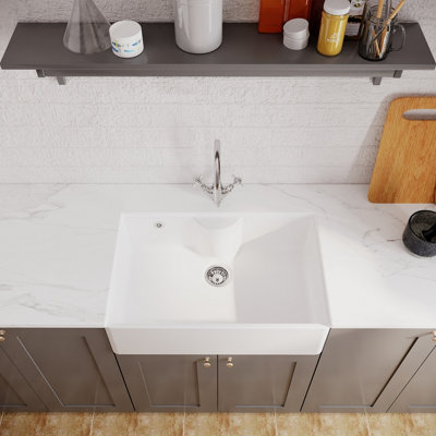 Fireclay Single Bowl Butler Sink with Overflow, Tap Ledge, Mono Sink Mixer & Waste Bundle - 795mm - Balterley