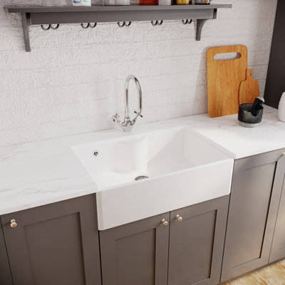 Fireclay Single Bowl Butler Sink with Overflow, Tap Ledge, Mono Sink Mixer & Waste Bundle - 795mm - Balterley