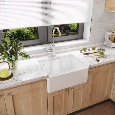 Fireclay Single Bowl Butler Sink - with Tap Ledge & Overflow, No Tap Hole (Waste Sold Separately) - 595mm - Balterley