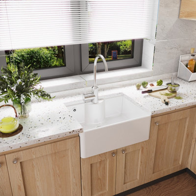 Fireclay Single Bowl Butler Sink - with Tap Ledge, Overflow & Tap Hole (Waste Sold Separately) - 595mm - Balterley