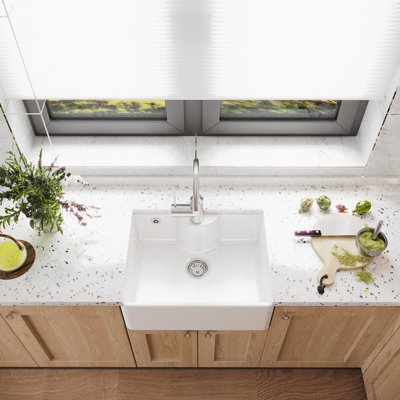 Fireclay Single Bowl Butler Sink - with Tap Ledge, Overflow & Tap Hole (Waste Sold Separately) - 595mm - Balterley