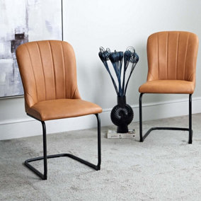 Firenza Dining Chair - Tan Faux Leather (Set of 2) with Curved Back Art Deco Style