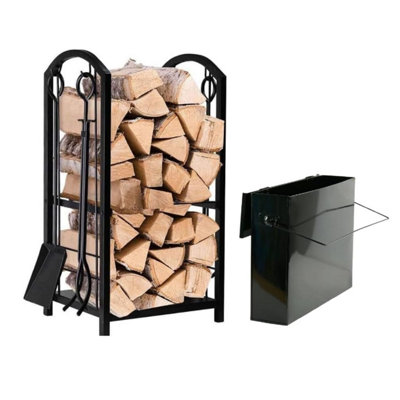 Fireplace Log Rack with 4 Fireplace Tools and Ash Box - Heavy Duty Wood ...